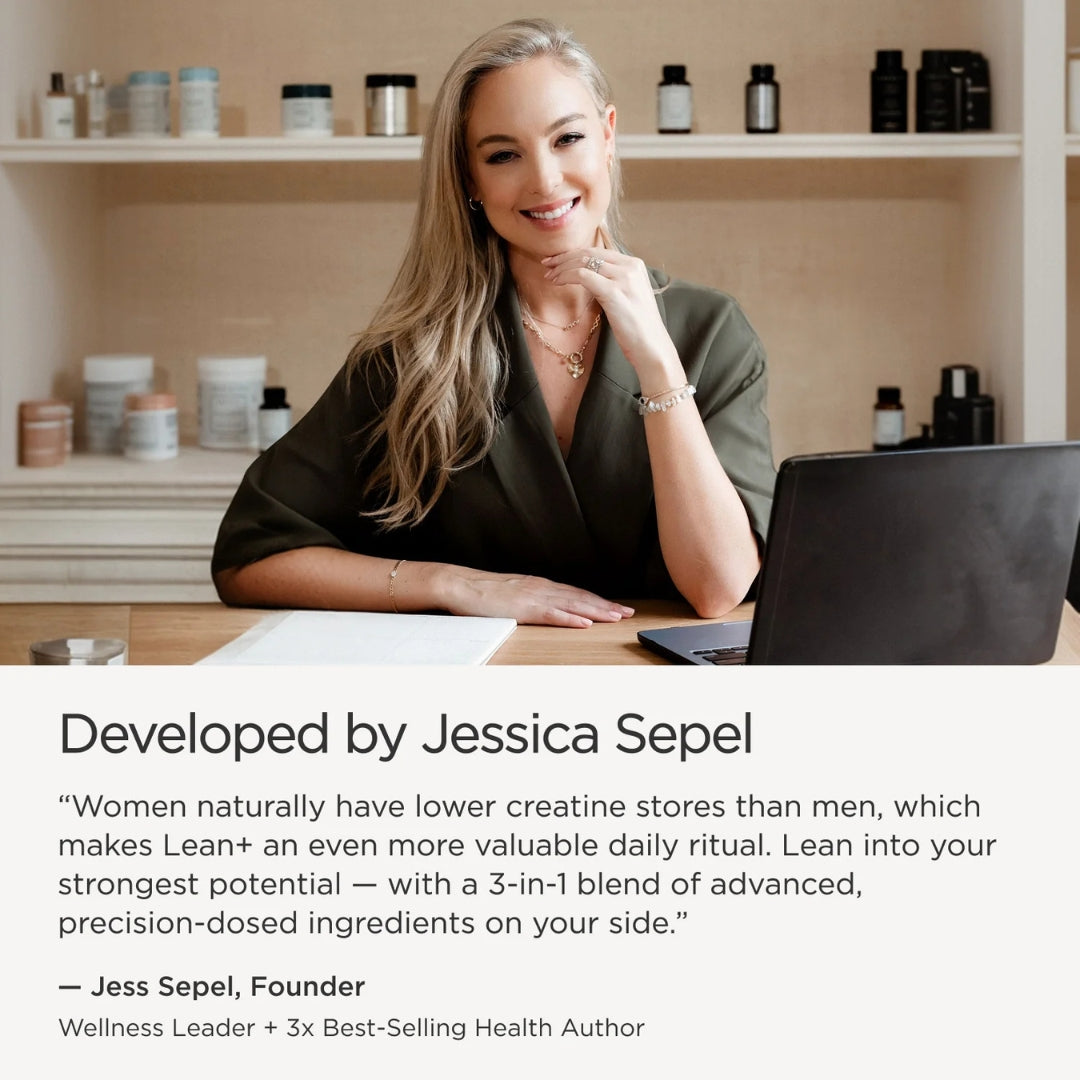 JSHealth Lean+ Creatine Powder 255g – product lifestyle shot on warm neutral background