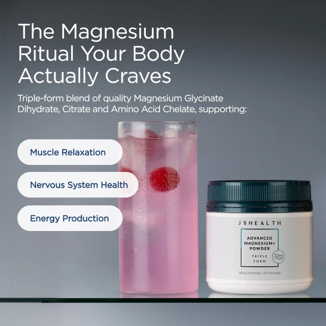 JSHealth Advanced Magnesium+ Powder Triple Form 180g – product shot with key formula callout on beige background