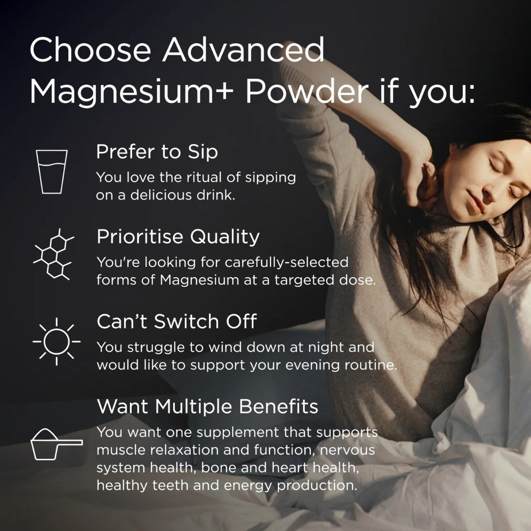 JSHealth Advanced Magnesium+ Powder Triple Form 180g – targeted ingredients infographic: Magnesium Glycinate, Citrate and Orotate