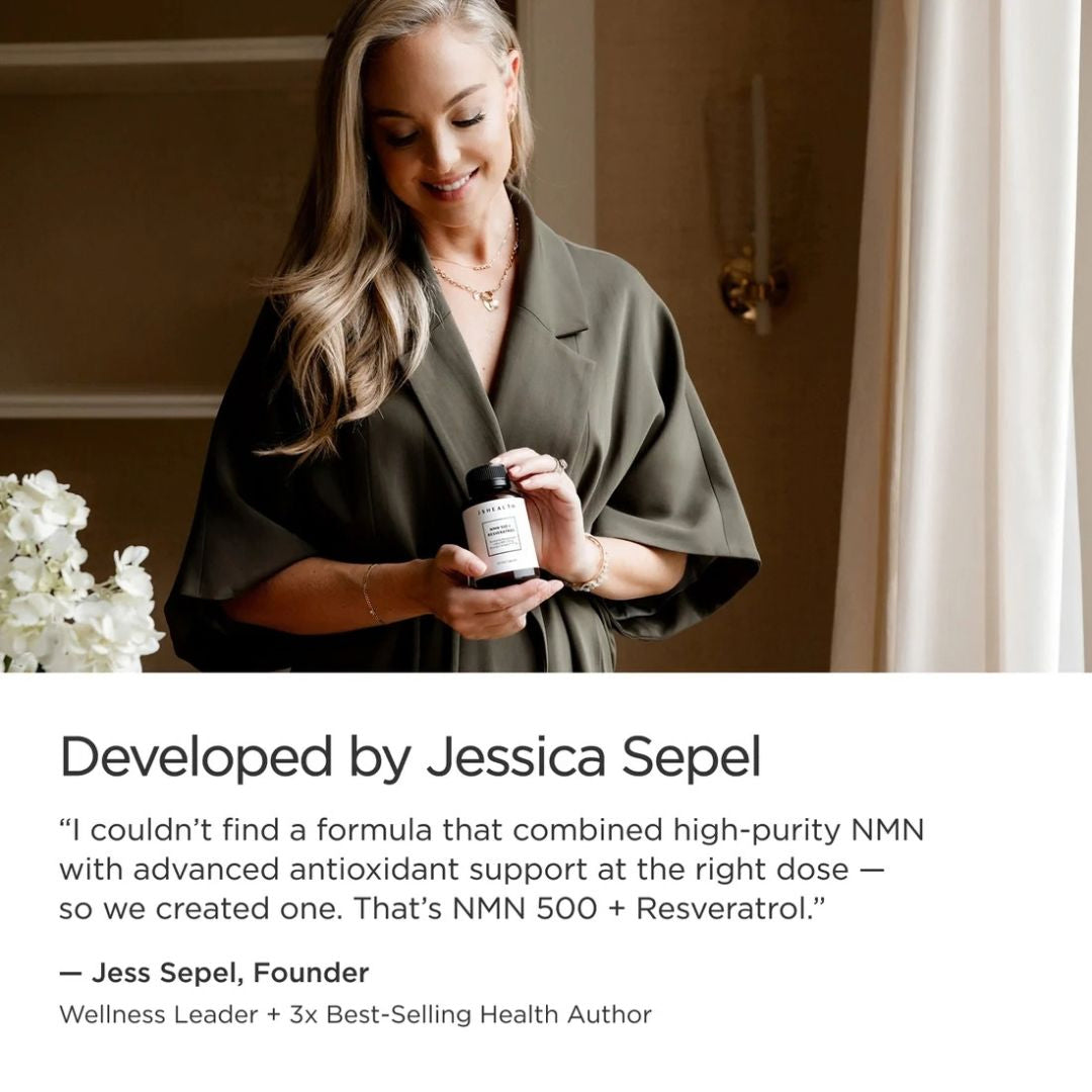 JSHealth NMN 500 + Resveratrol developed by JSHealth founder Jessica Sepel with NMN and antioxidant support