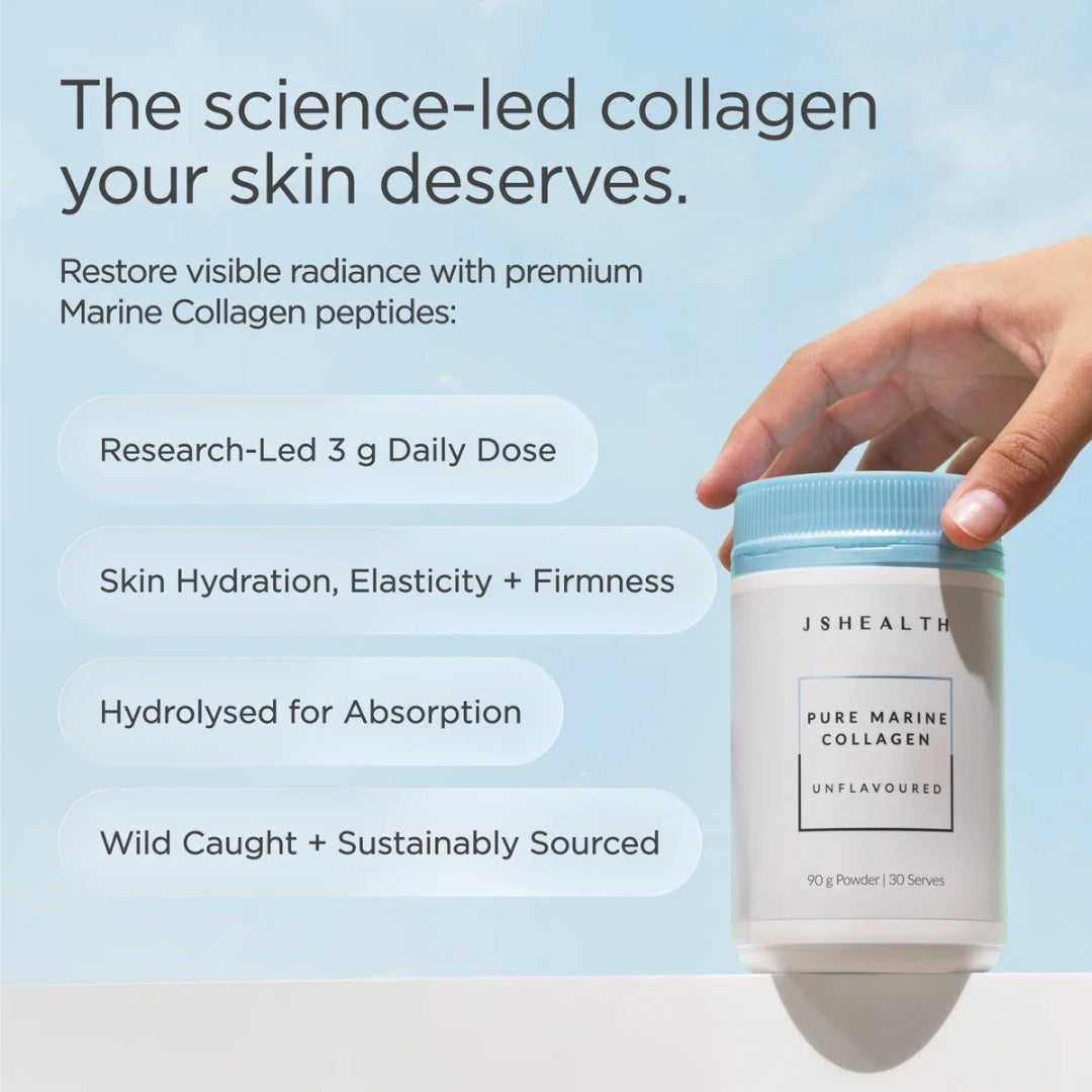 JSHealth Pure Marine Collagen Powder Unflavoured 90g – product shot with key formula callout on beige background