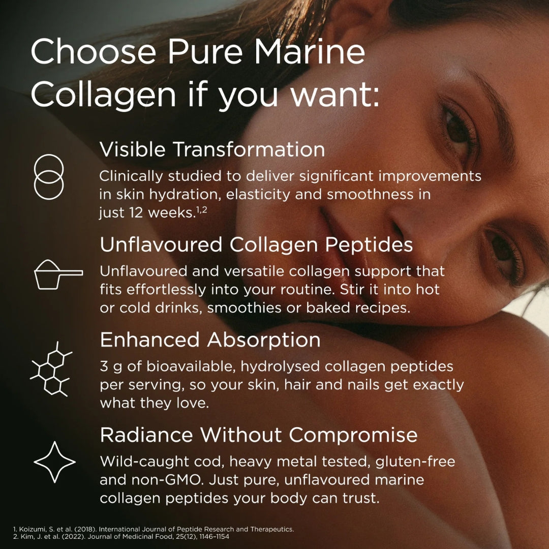 JSHealth Pure Marine Collagen Powder Unflavoured 90g – how to use infographic: mix one scoop into water, coffee or smoothie daily