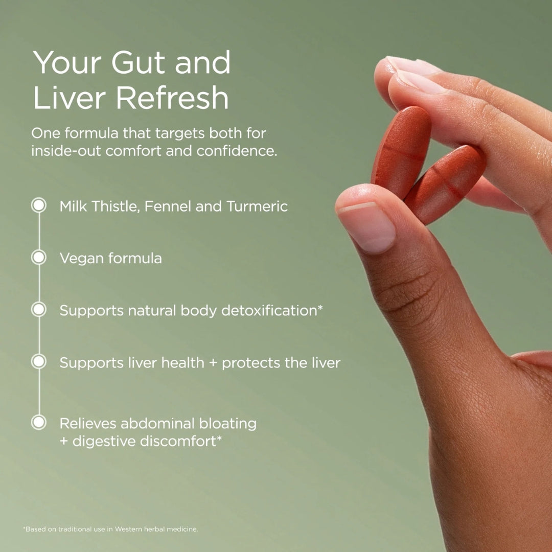 JSHealth Detox + Debloat Supplements 60 Tablets – key benefits infographic: relieves bloating and digestive discomfort