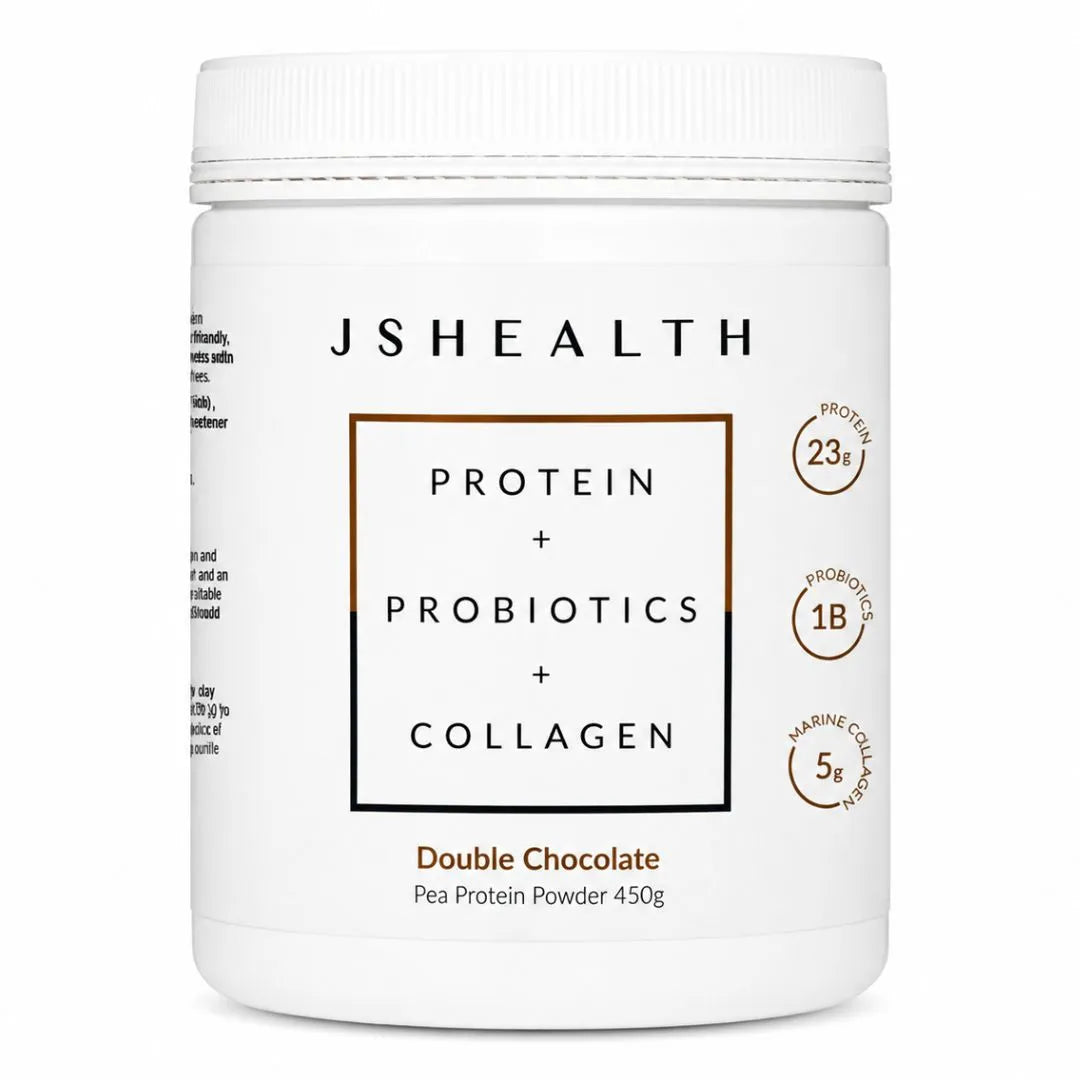 JSHealth Protein + Probiotics + Collagen Double Chocolate Pea Protein Powder 450g – front-of-pack product shot on white background
