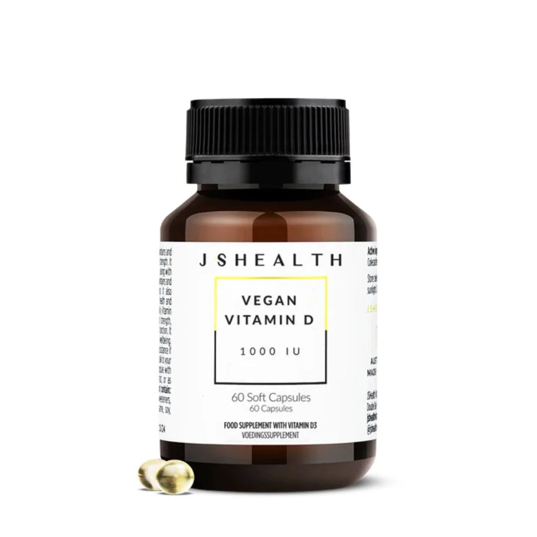 JSHealth Vegan Vitamin D Formula 1000IU 60 Capsules – front-of-pack product shot on warm beige background