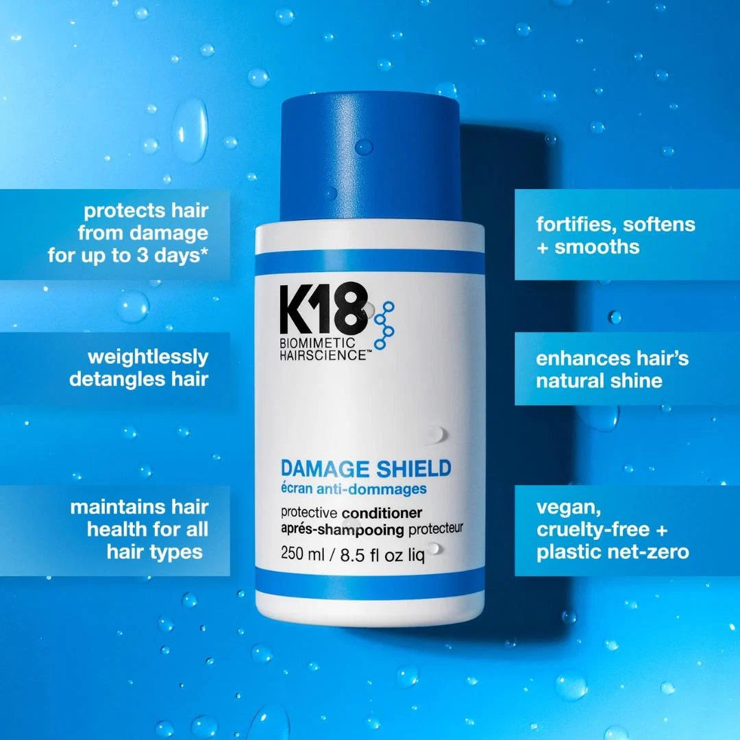 K18 Damage Shield conditioner bottle with features listed on a blue background