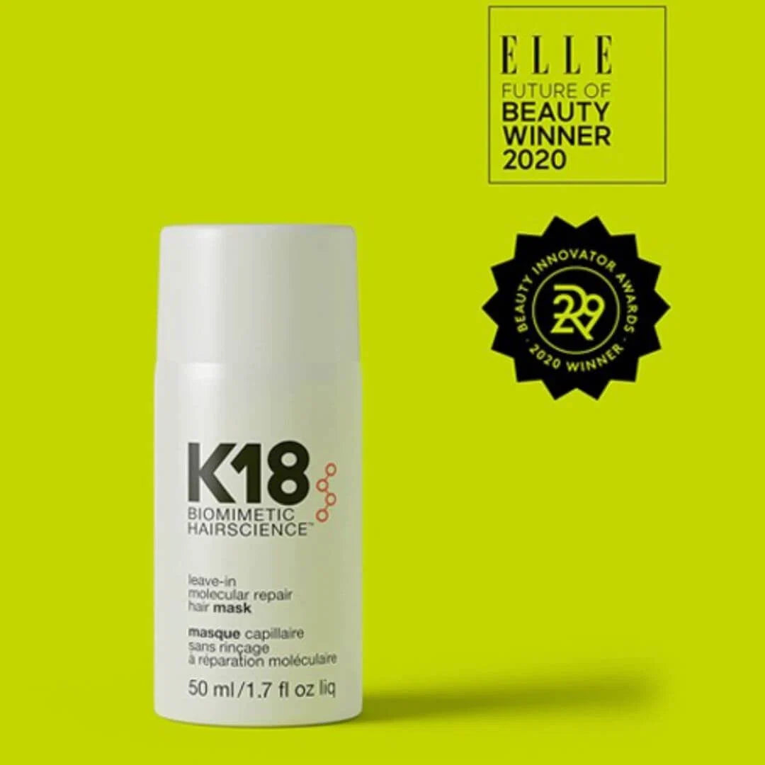 K18 Leave-In Molecular Repair Hair Mask 50ml – how to use infographic: apply to damp hair after shampooing, do not rinse