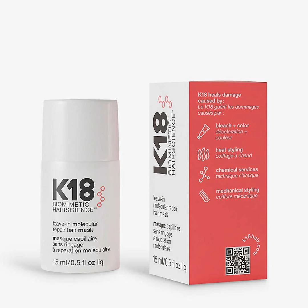 K18 Leave-In Molecular Repair Hair Mask 15ml – how to use infographic: apply to damp hair after shampooing, do not rinse