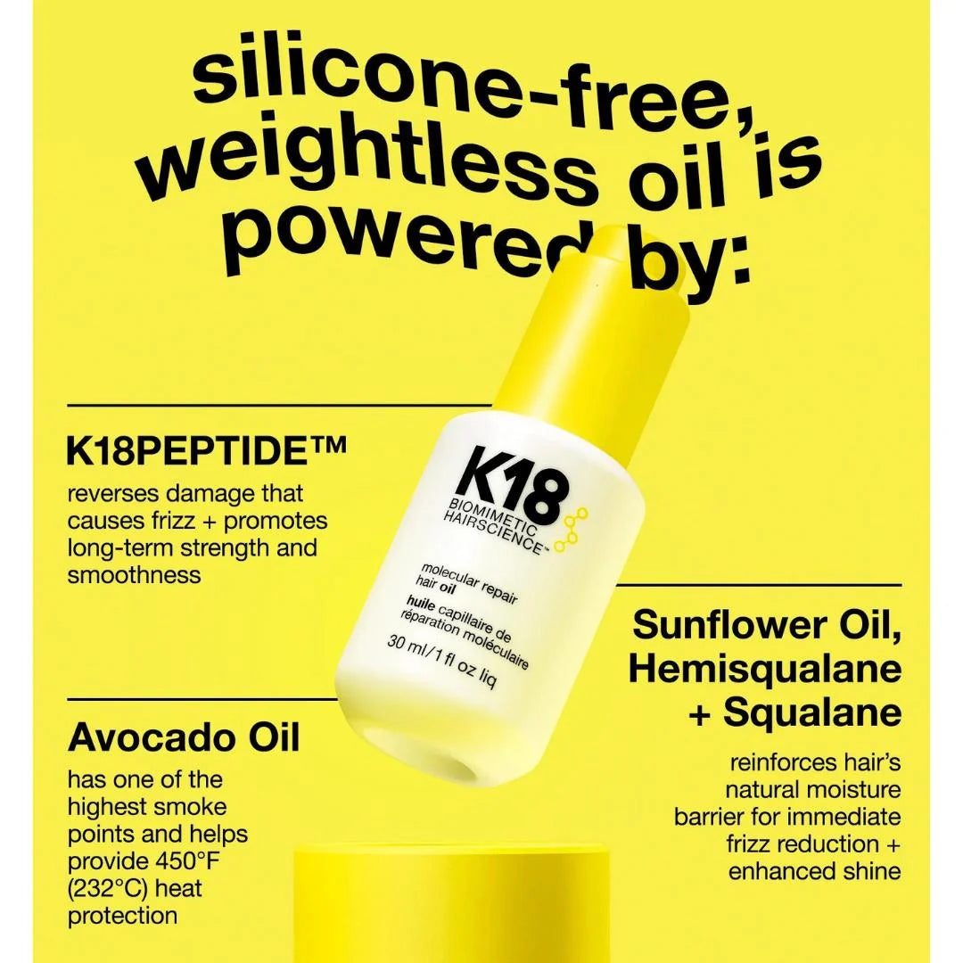 K18 Molecular Hair Repair Oil and Frizz Control 30ml – key ingredients infographic: K18Peptide, marula oil and UV filters