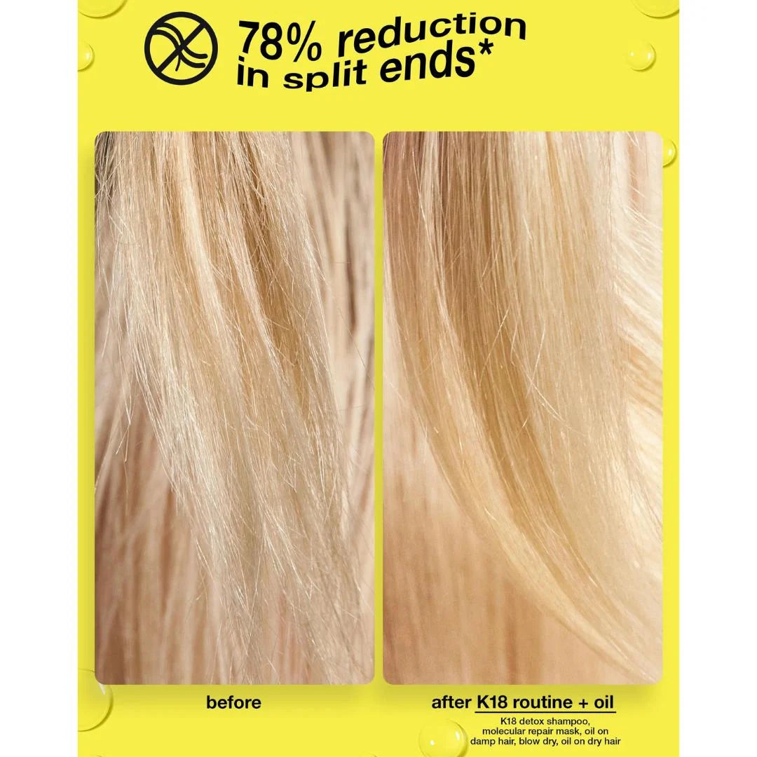 K18 Molecular Hair Repair Oil and Frizz Control 30ml – before and after: frizzy, damaged hair transformed to smooth and shiny