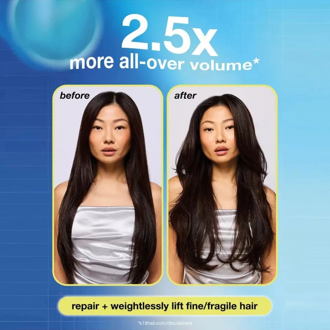 K18 AstroLift reparative volume spray before and after, for fine, flat hair