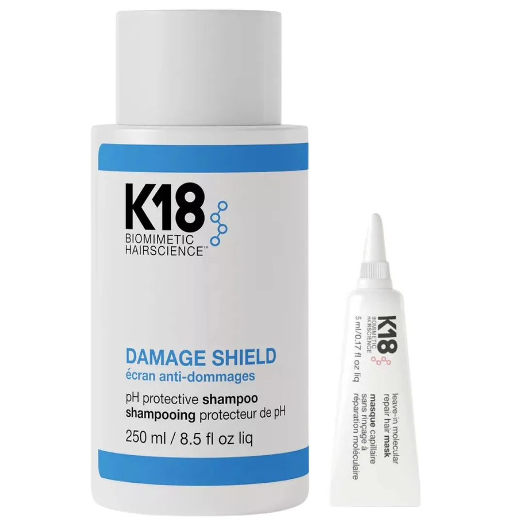K18 Damage Shield shampoo and conditioner bottles