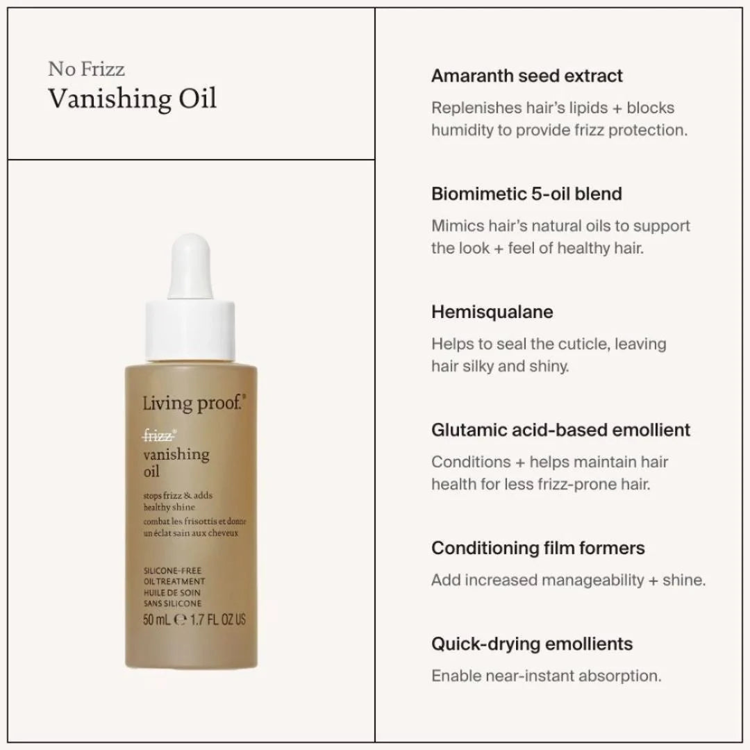 Living Proof No Frizz Vanishing Oil 50ml – lightweight oil texture swatch on white background