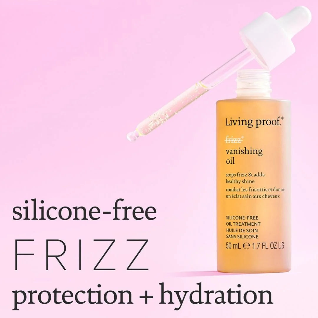 Living Proof No Frizz Vanishing Oil 50ml – how to use infographic: apply a few drops to dry hair, focus on frizz-prone areas