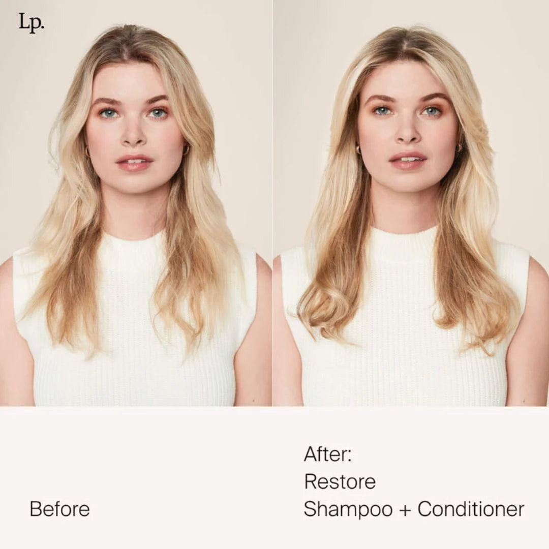 Living Proof Restore Shampoo 236ml – before and after: damaged hair restored to visibly stronger, healthier condition