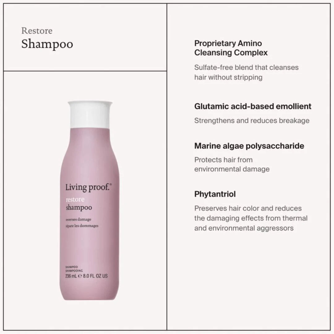 Living Proof Restore Shampoo 236ml – product bottle with key feature callouts on light grey background