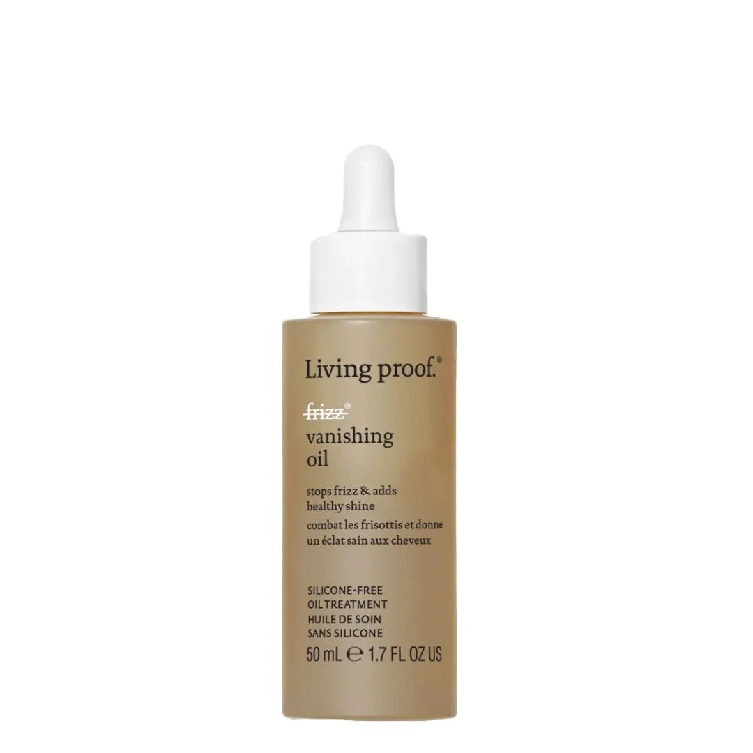 Living proof Frizz Vanishing Oil in a 50 mL (1.7 fl oz) bottle with a white dropper cap, shown on a solid white background.