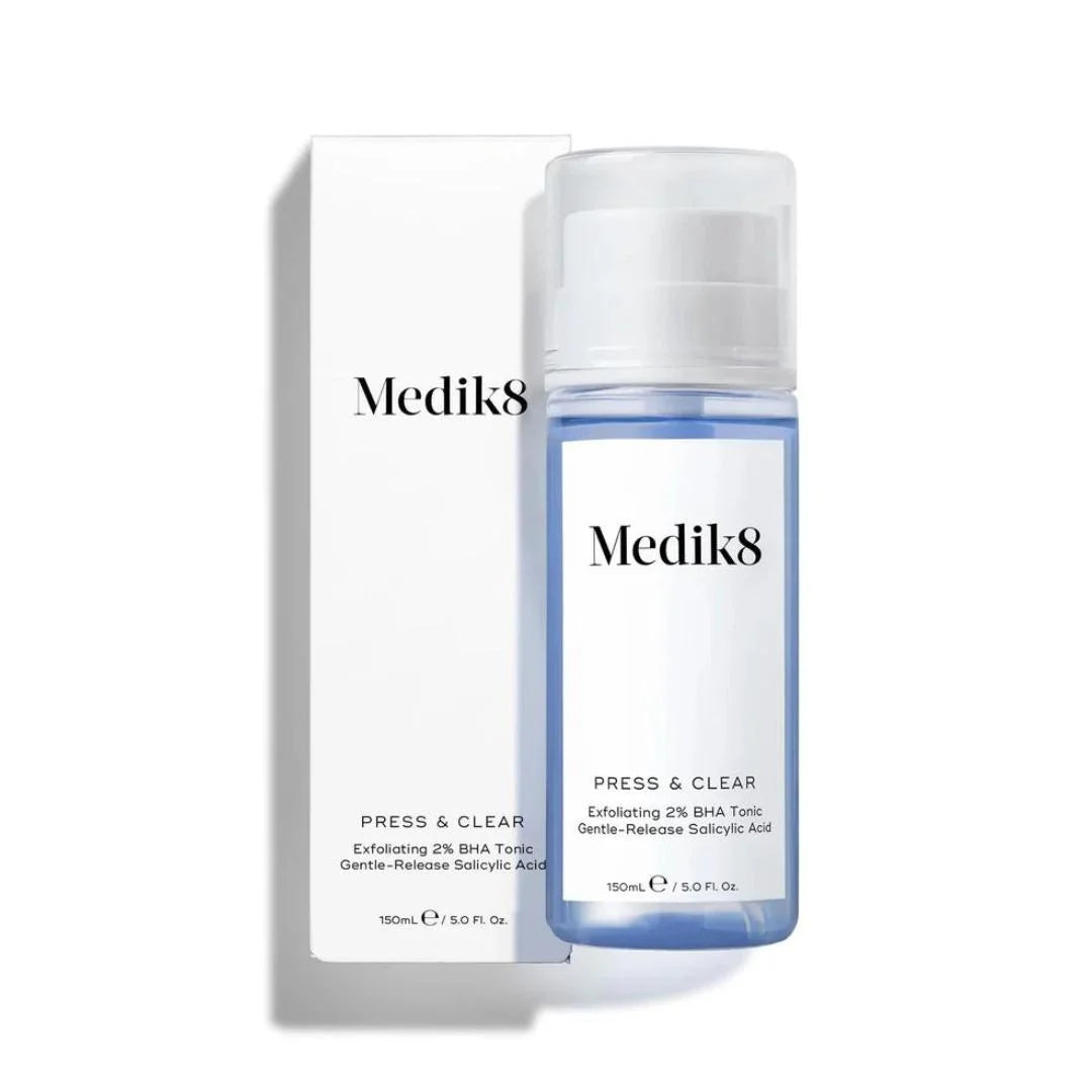 Medik8 Press and Clear Exfoliating 2% BHA Tonic 150ml – product and box packaging shot on white background