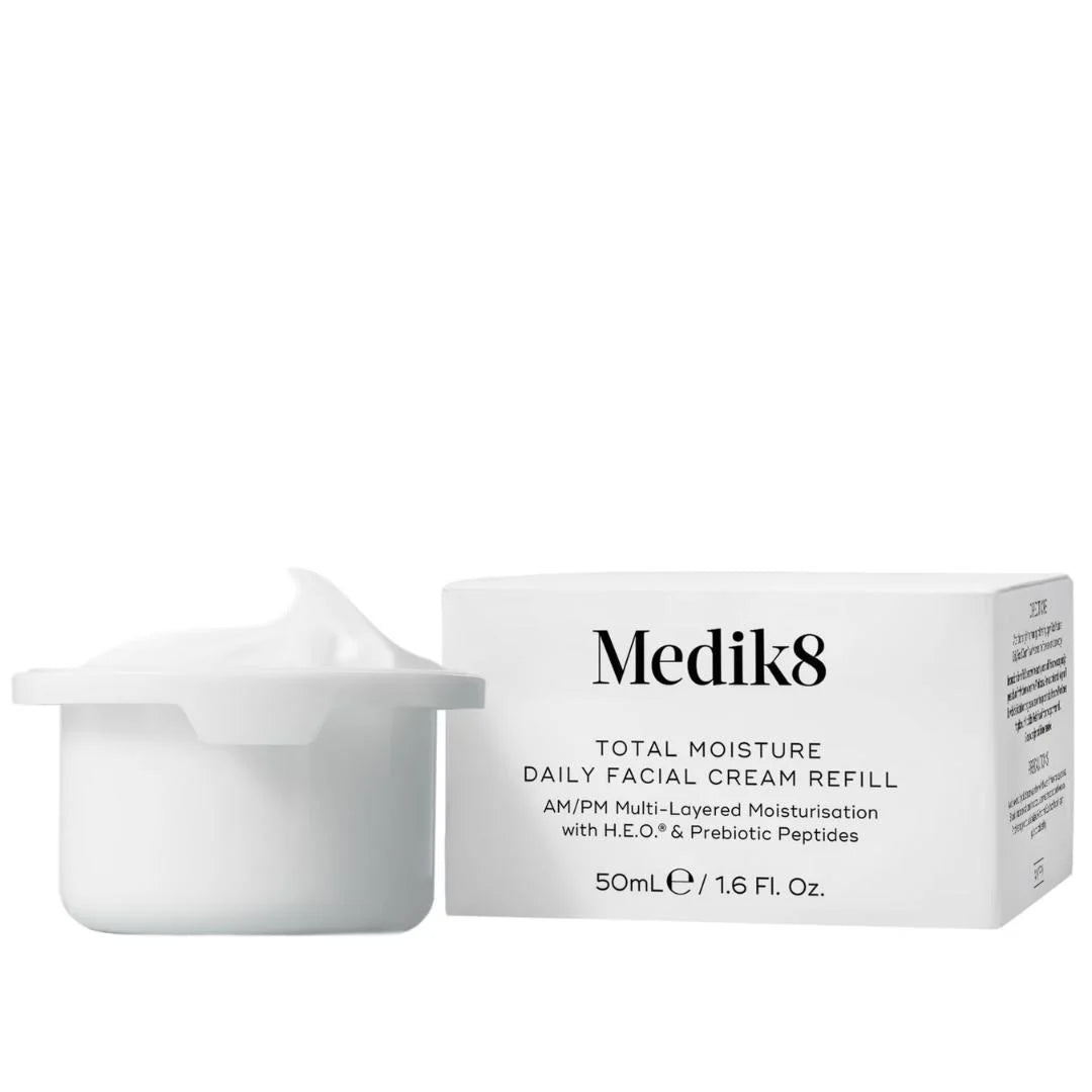 Medik8 Total Moisture Daily Facial Cream refill jar in white next to its white packaging box, shown on a clean white background.