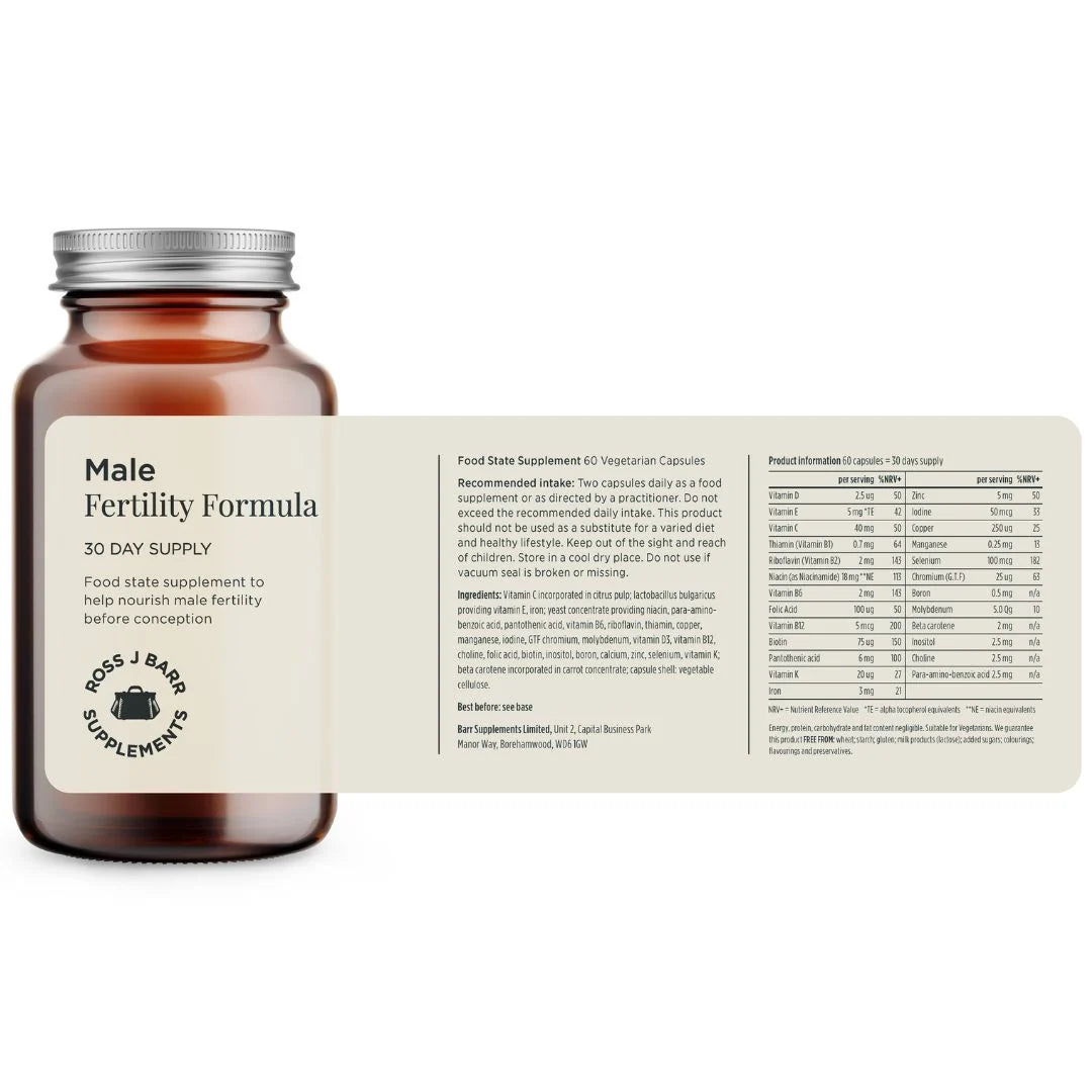 Ross J. Barr Male Fertility Formula 60 tablets – key benefits infographic: supports male fertility, sperm health and reproductive function