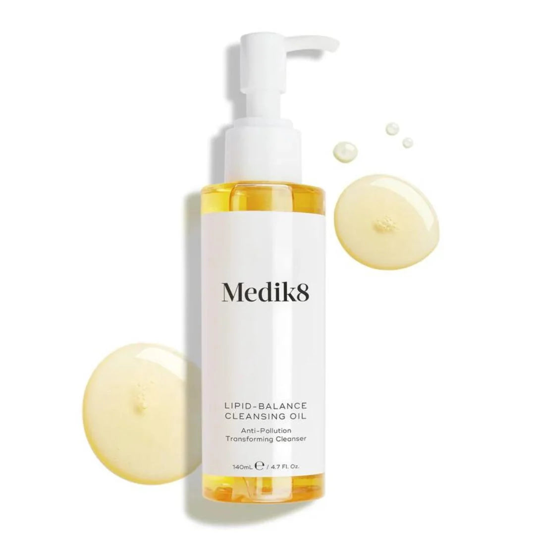 Medik8 Lipid Balance Cleansing Oil 140ml – product shot with oil texture swatches and anti-pollution transforming cleanser callout