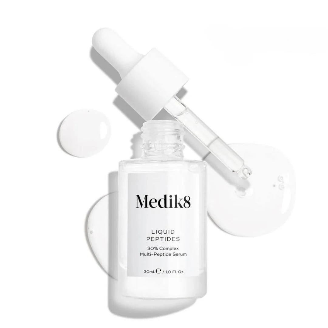 Medik8 Liquid Peptides 30ml – product shot with serum texture swatches