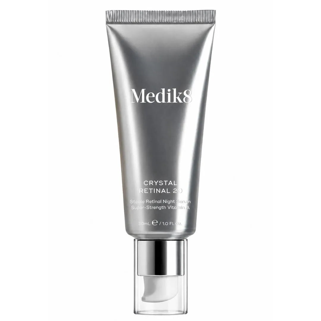 Medik8 Crystal Retinal 20 in a metallic silver squeeze tube with a clear cap, shown on a solid white background.