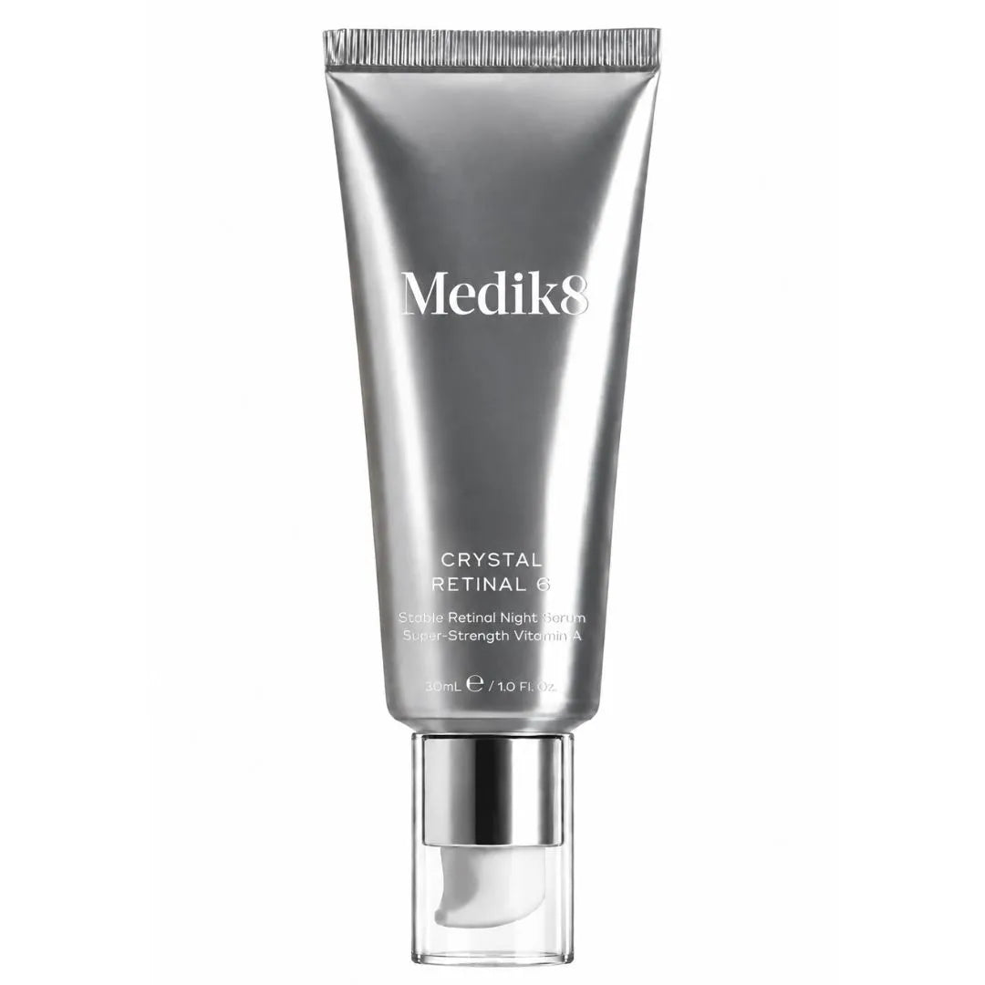 Medik8 Crystal Retinal 6 in a metallic silver squeeze tube with a clear cap, shown on a solid white background.