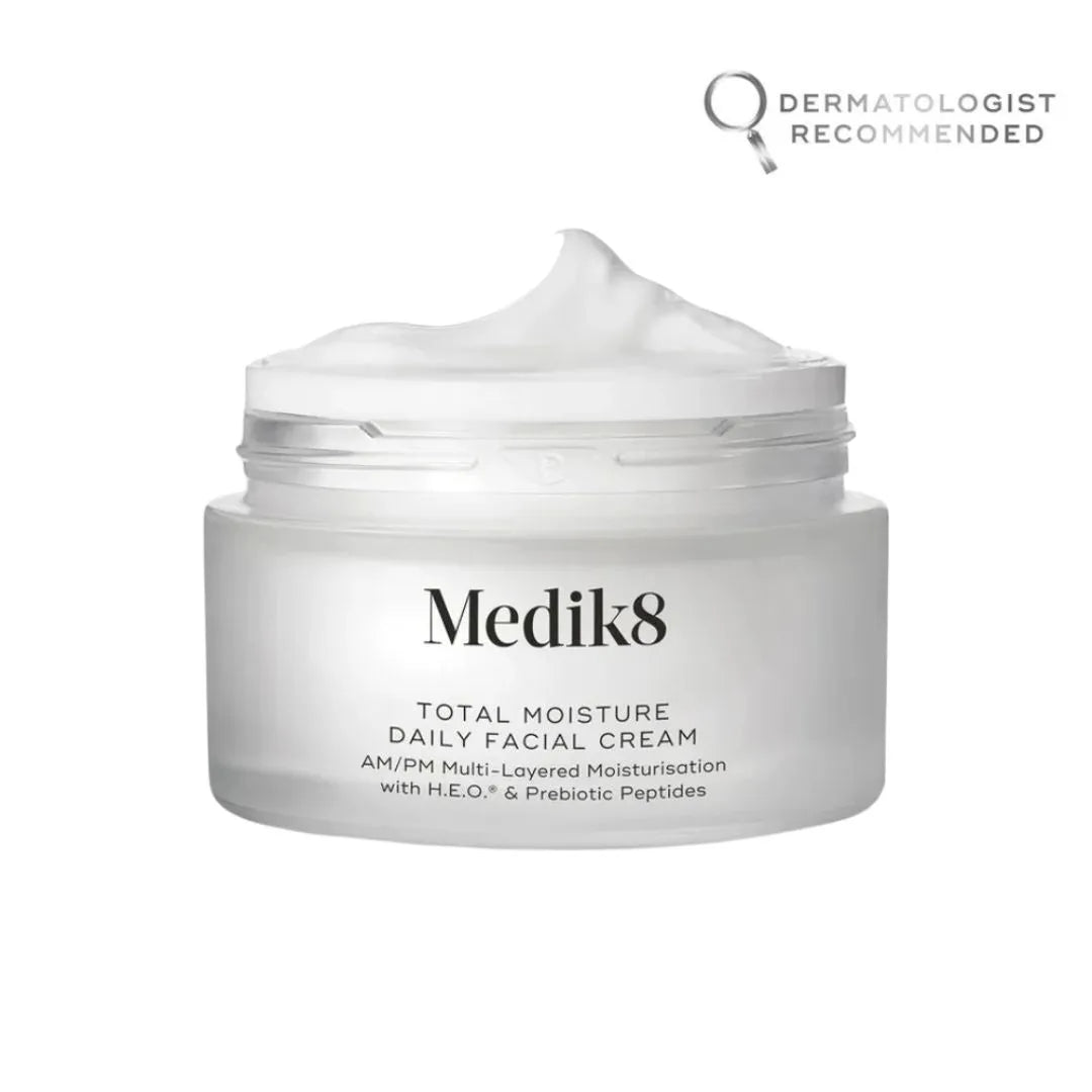 Medik8 Total Moisture Daily Facial Cream 50ml – front-of-pack product shot with cream swatch on white background, Dermatologist Recommended