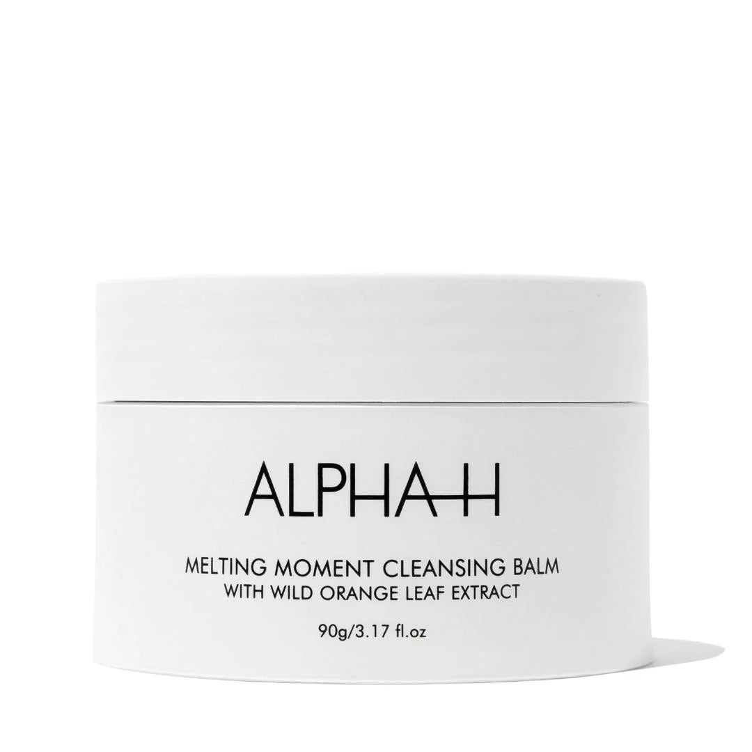 Alpha-H Melting Moment Cleansing Balm 90g – how to use infographic: massage onto dry skin, emulsify with water and rinse or cloth off