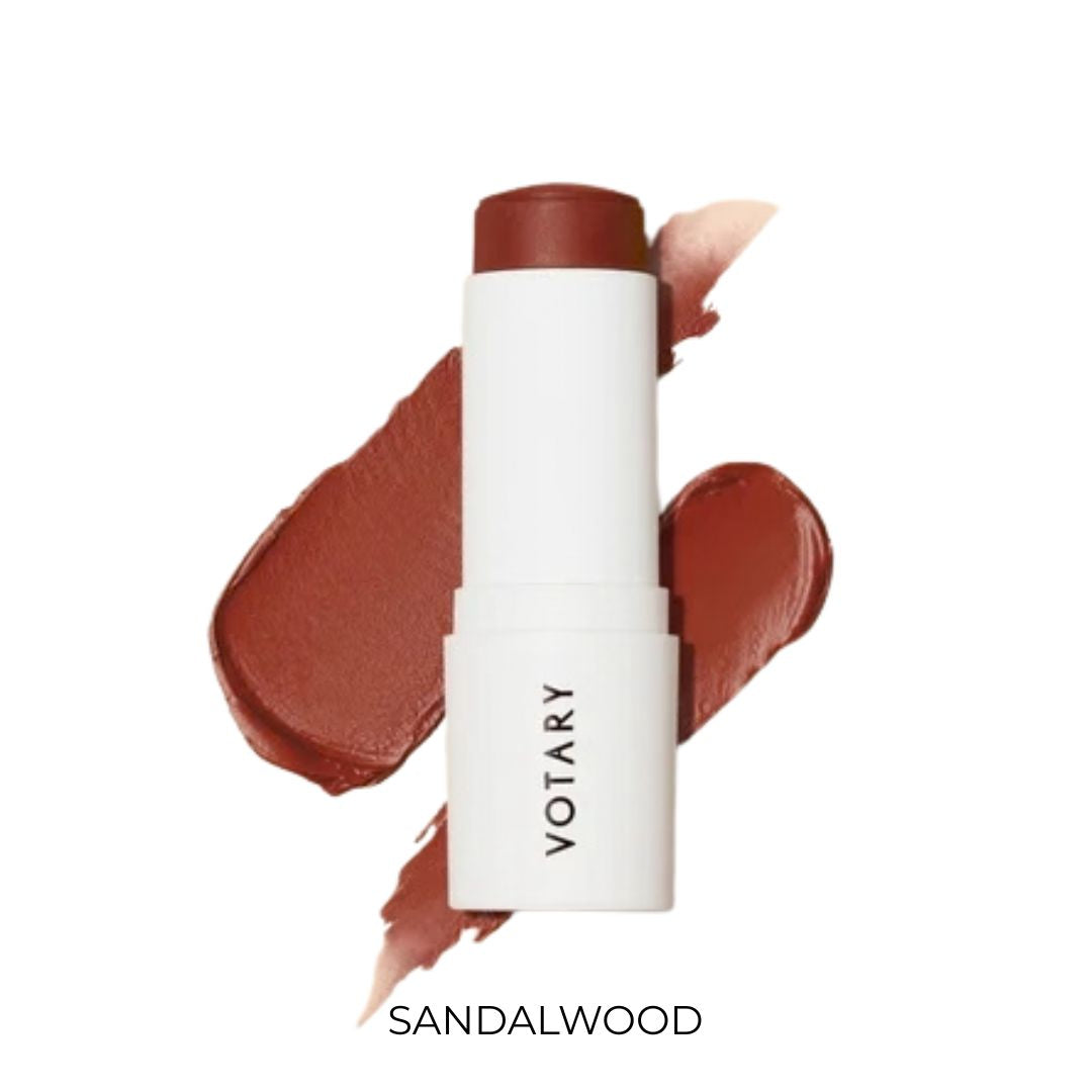 VOTARY Lip and Cheek Tint-Sandalwood stick with a warm brownish-rose formula, shown with a matching cream swatch on a white background.