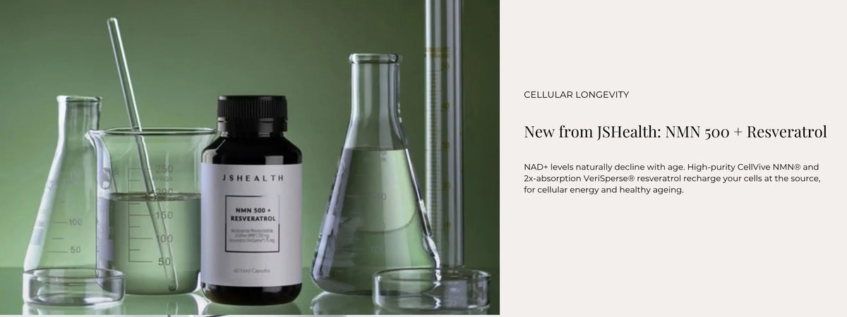 A supplement bottle labeled JSH Health NMN 500 + Resveratrol stands among glass laboratory flasks and a pipette on a green gradient background, with text on the right describing cellular longevity benefits.