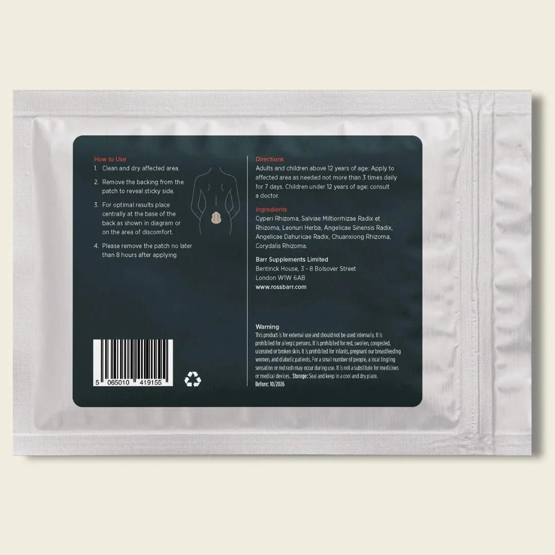 Ross J. Barr Period Patches 7 patches – how to use infographic: apply to clean, dry skin on the lower abdomen or inner wrist during your cycle