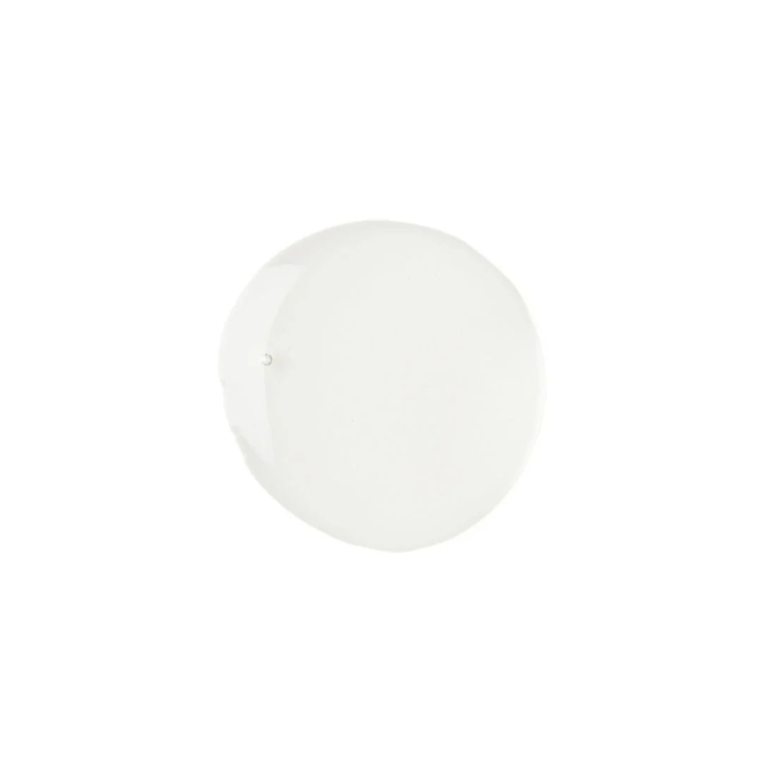 A round, translucent white glass or acrylic disc with a small metal fastener on the left edge, shown against a solid white background.