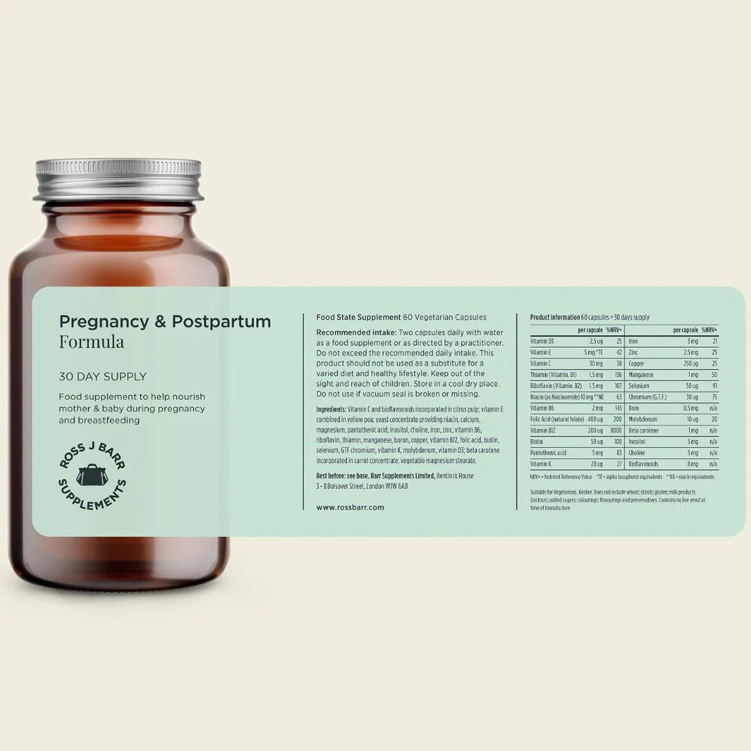 Ross J. Barr Pregnancy Formula 60 tablets – key benefits infographic: comprehensive nutritional support for pregnancy and baby's development