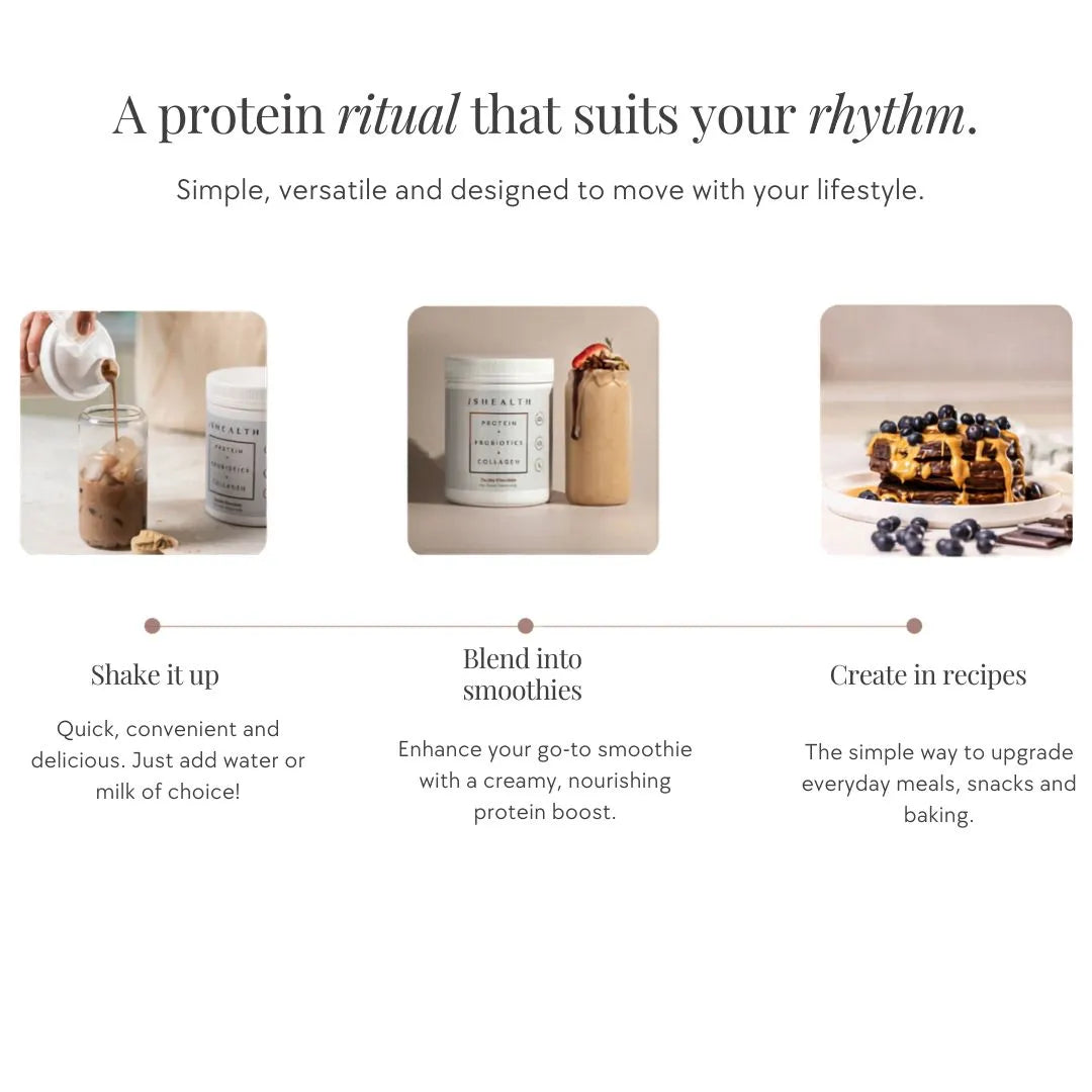 Protein product packaging with usage instructions on a white background