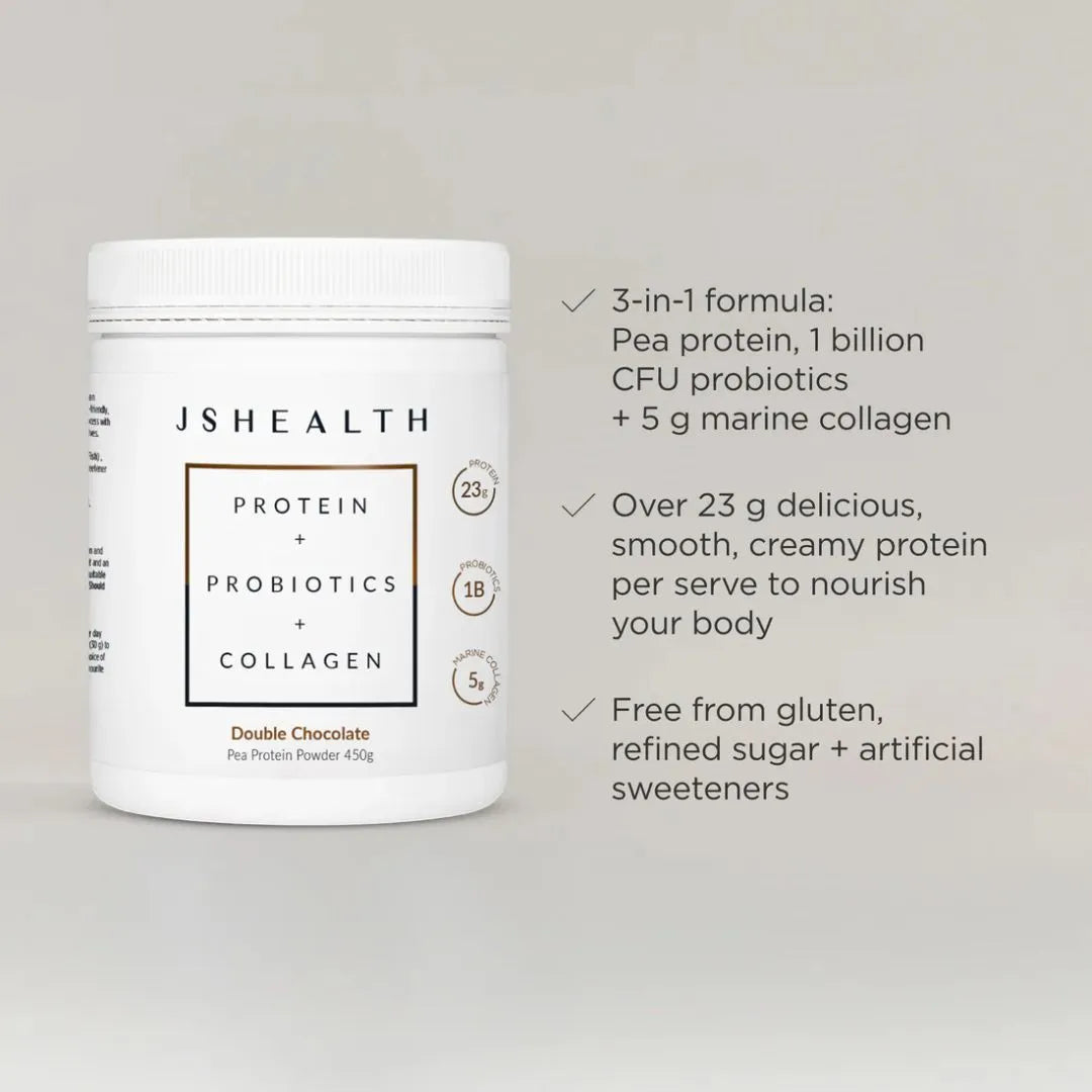 JSHealth protein powder container with product details on a light gray background