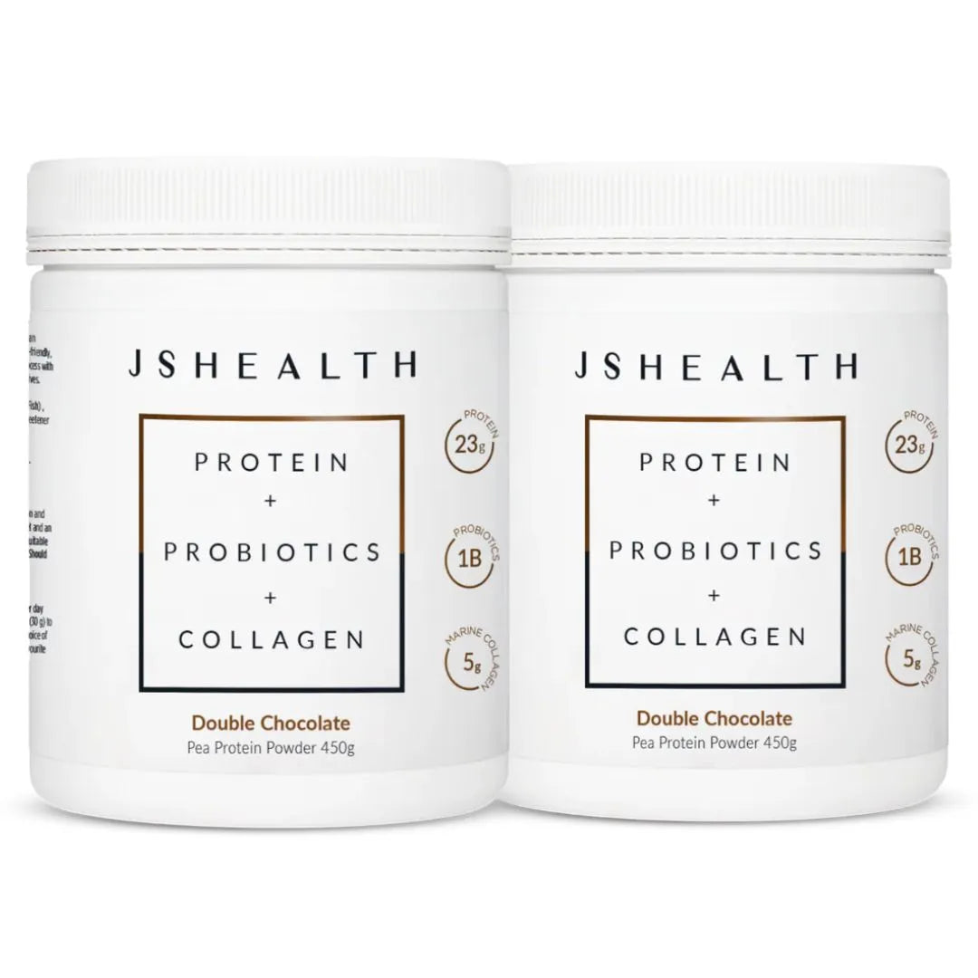 Two containers of JSHealth protein powder on a white background