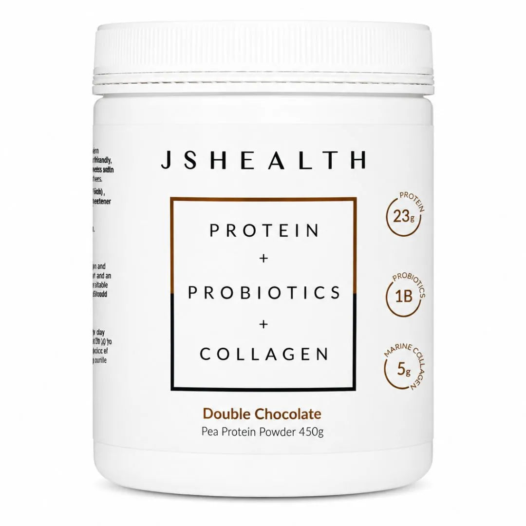 JSHealth protein powder container with white lid on a white background