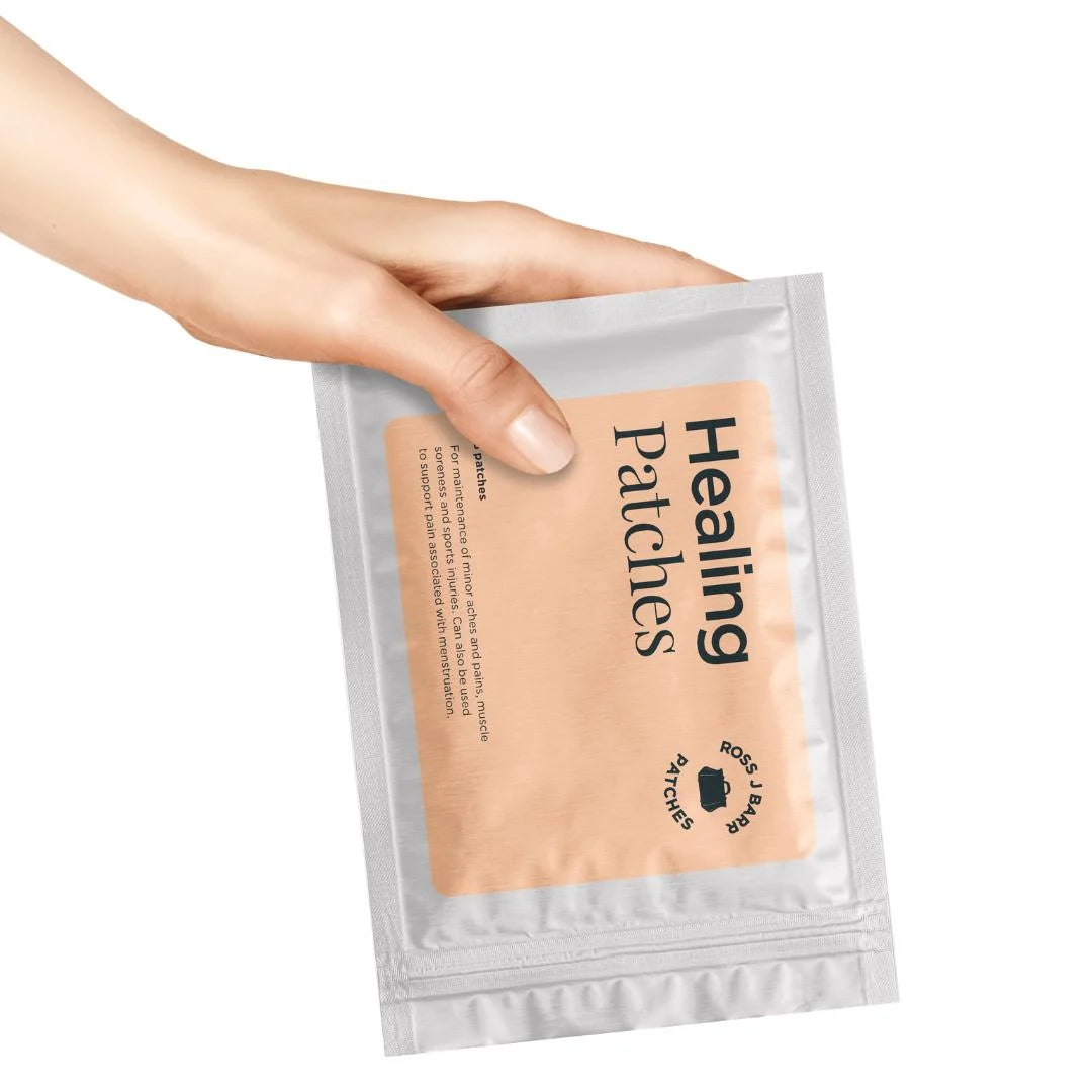 Ross J. Barr Healing Patches 5 patches – how to use infographic: apply to clean, dry skin on the inner wrist or shoulder