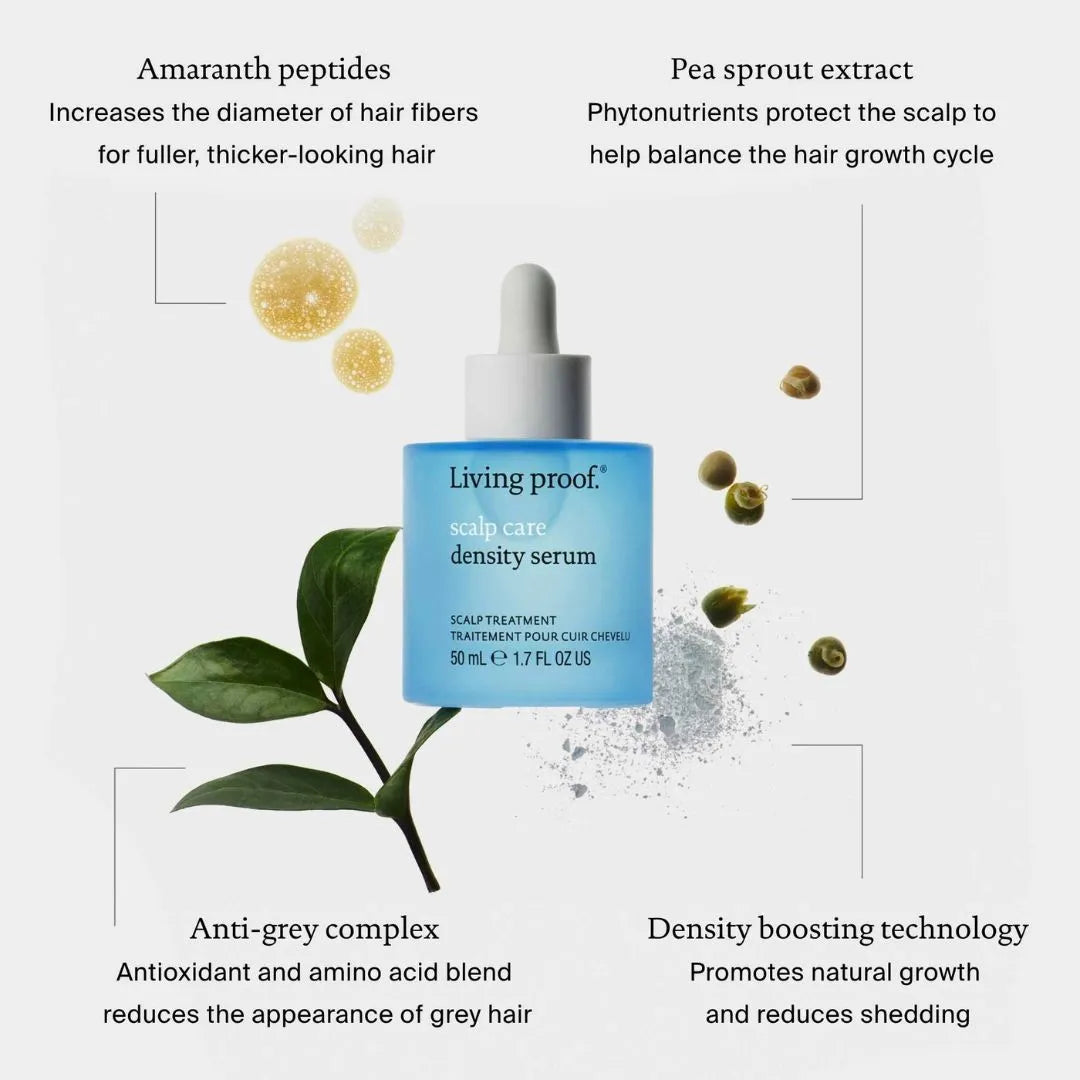 Living Proof scalp care density serum with text about its benefits on a light gray background