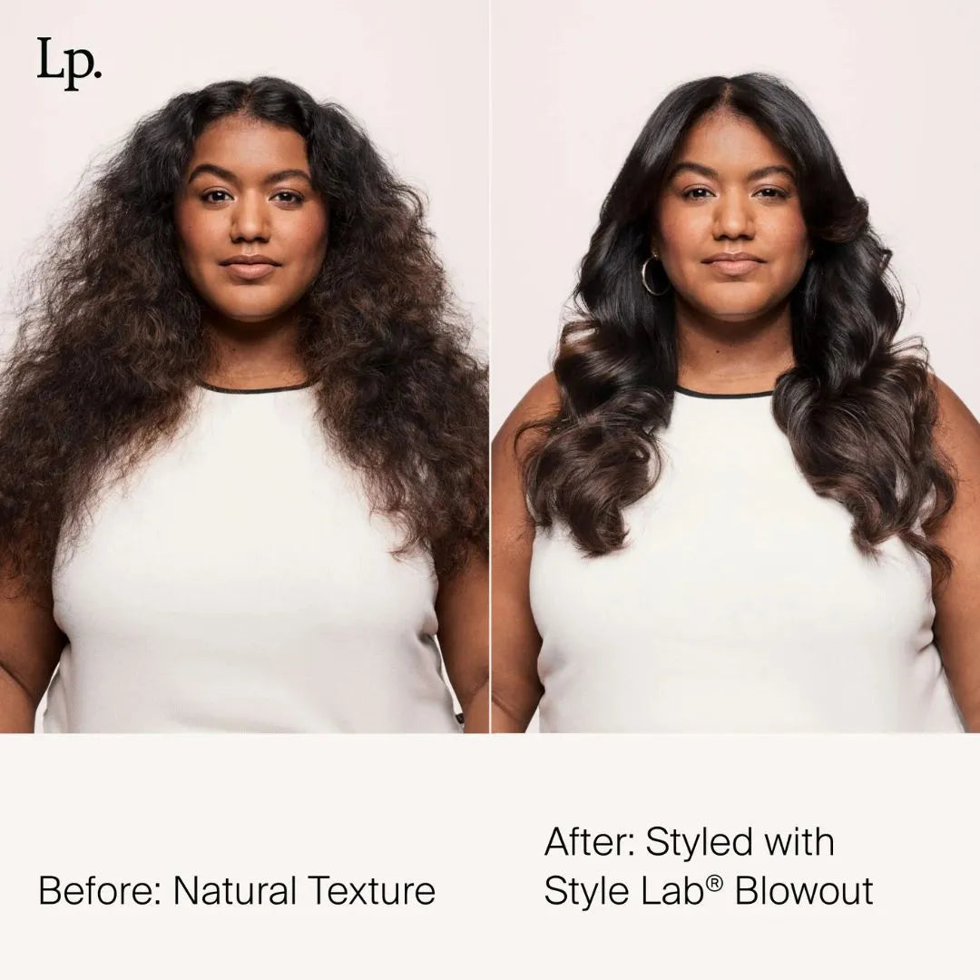 Before and after comparison of hair styled with Style Lab Blowout product.
