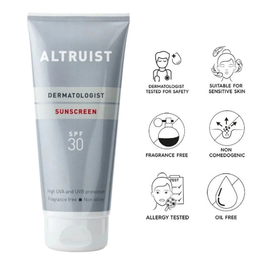 Altruist Dermatologist Sunscreen SPF 30 200ml – key benefits infographic: dermatologist tested, fragrance free and suitable for sensitive skin