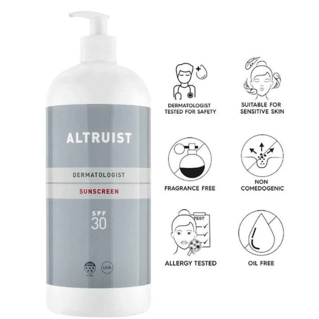 Altruist Dermatologist Sunscreen SPF 30 1ltr – key benefits infographic: broad-spectrum SPF 30 in a 1-litre professional/family size