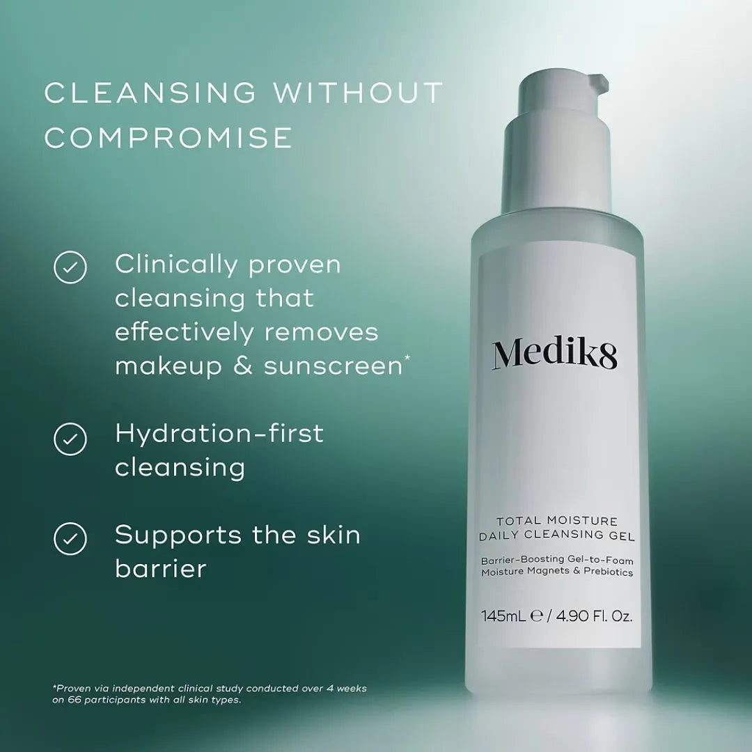 Medik8 cleansing gel bottle with product features on a green background