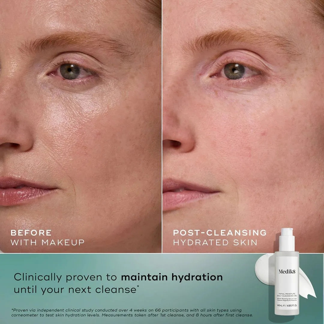 Before-and-after skincare comparison showing a woman's cheek and eye area, labeled 'BEFORE WITH MAKEUP' and 'POST-CLEANSING HYDRATED SKIN,' with a Medik8 bottle shown at the bottom right.