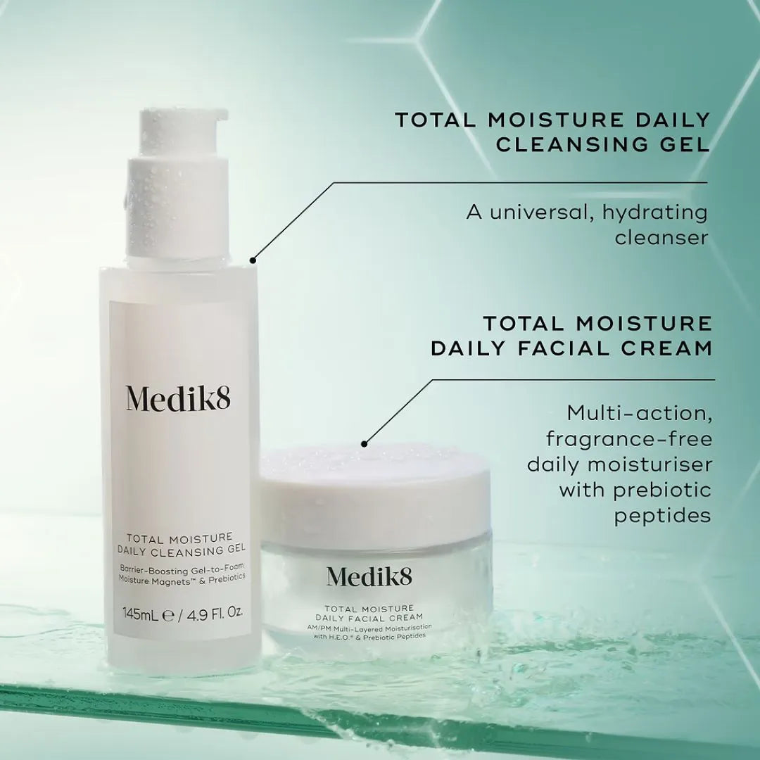 Medik8 skincare set featuring a white pump bottle of Total Moisture Daily Cleansing Gel and a white jar of Total Moisture Daily Facial Cream on a light teal background with product callout text.