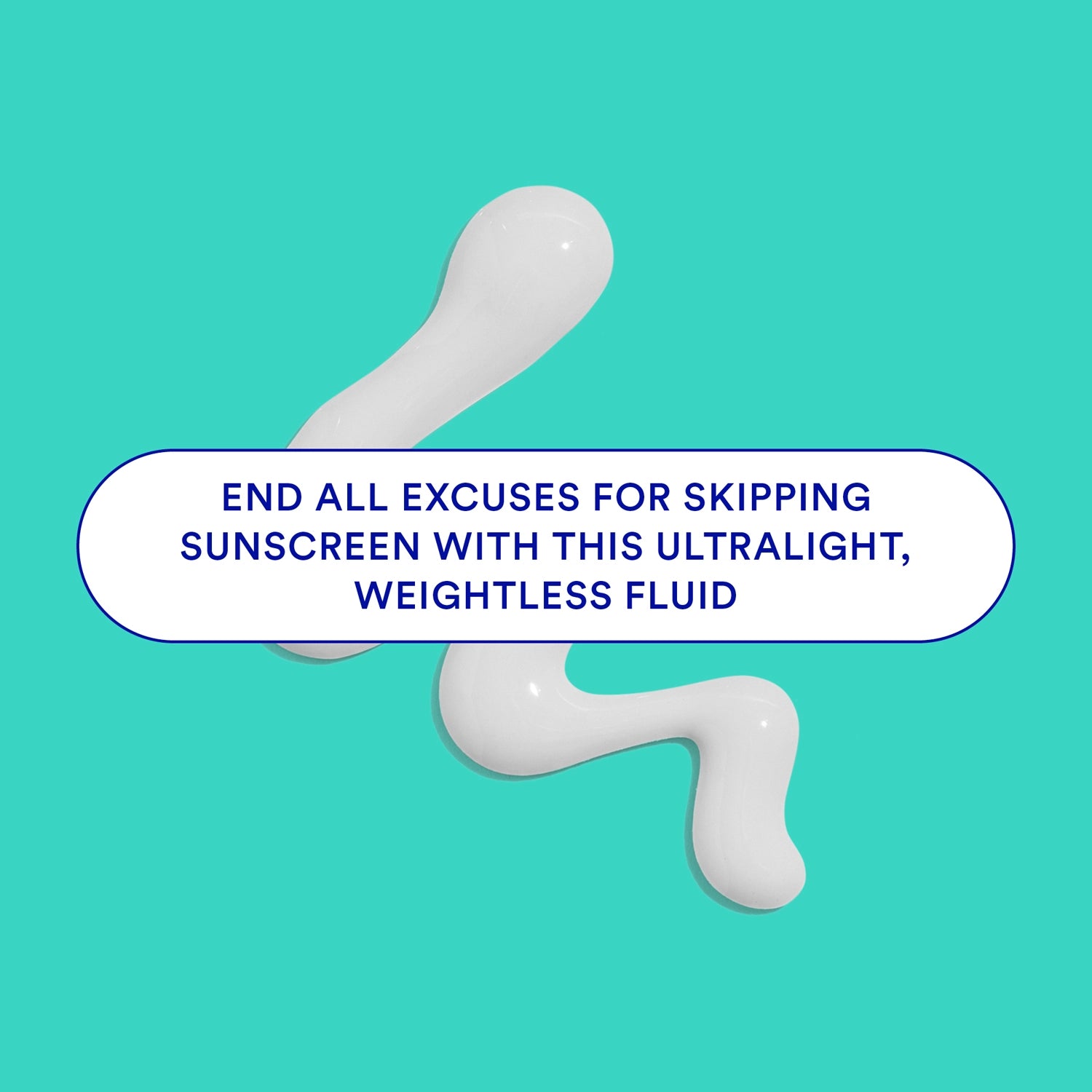 White sunscreen fluid on a teal background with promotional text.