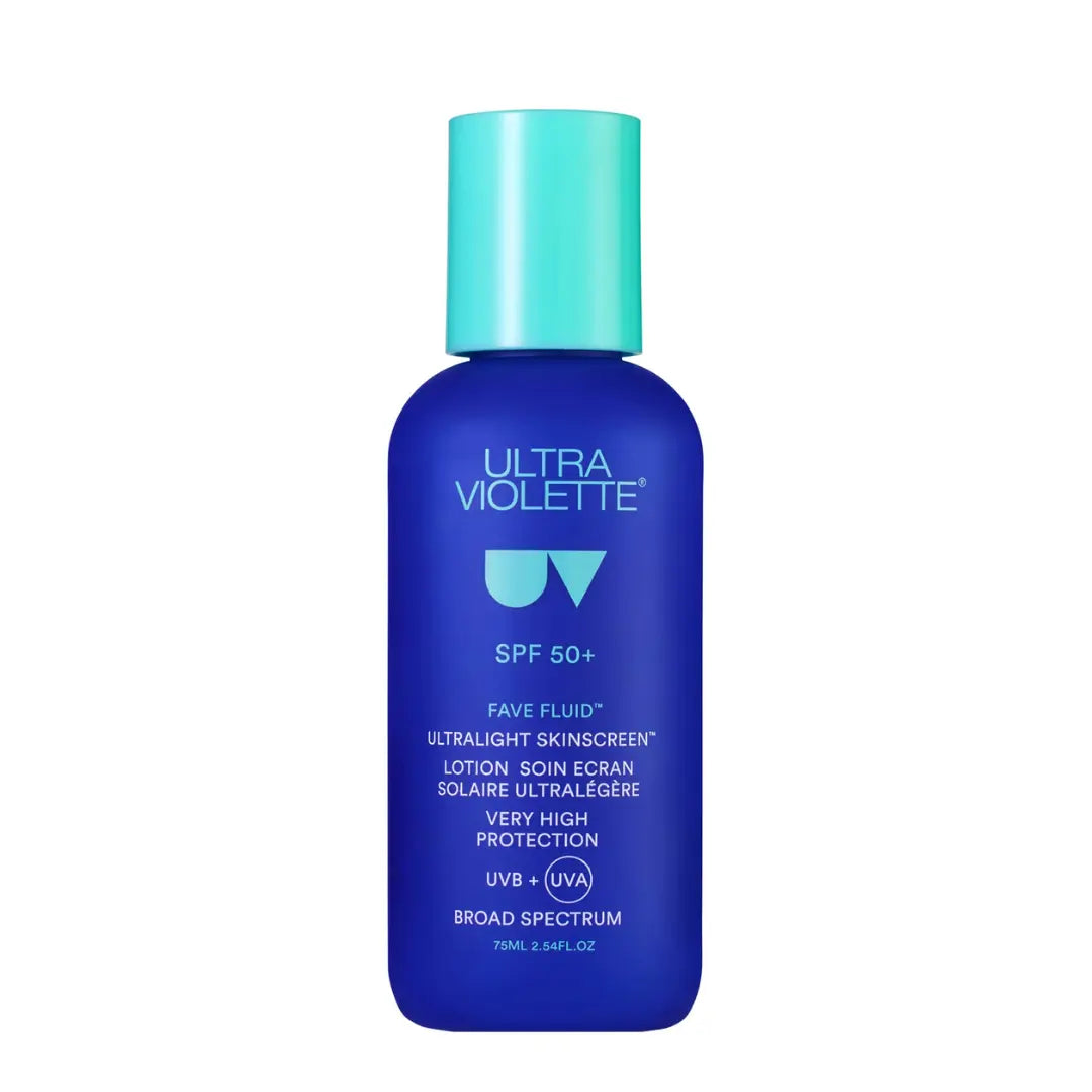 Blue bottle of Ultra Violette sunscreen fluid with a turquoise cap on a white background