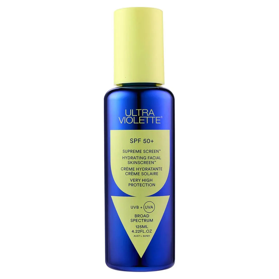 Blue bottle of Ultra Violette sunscreen with yellow cap on a white background